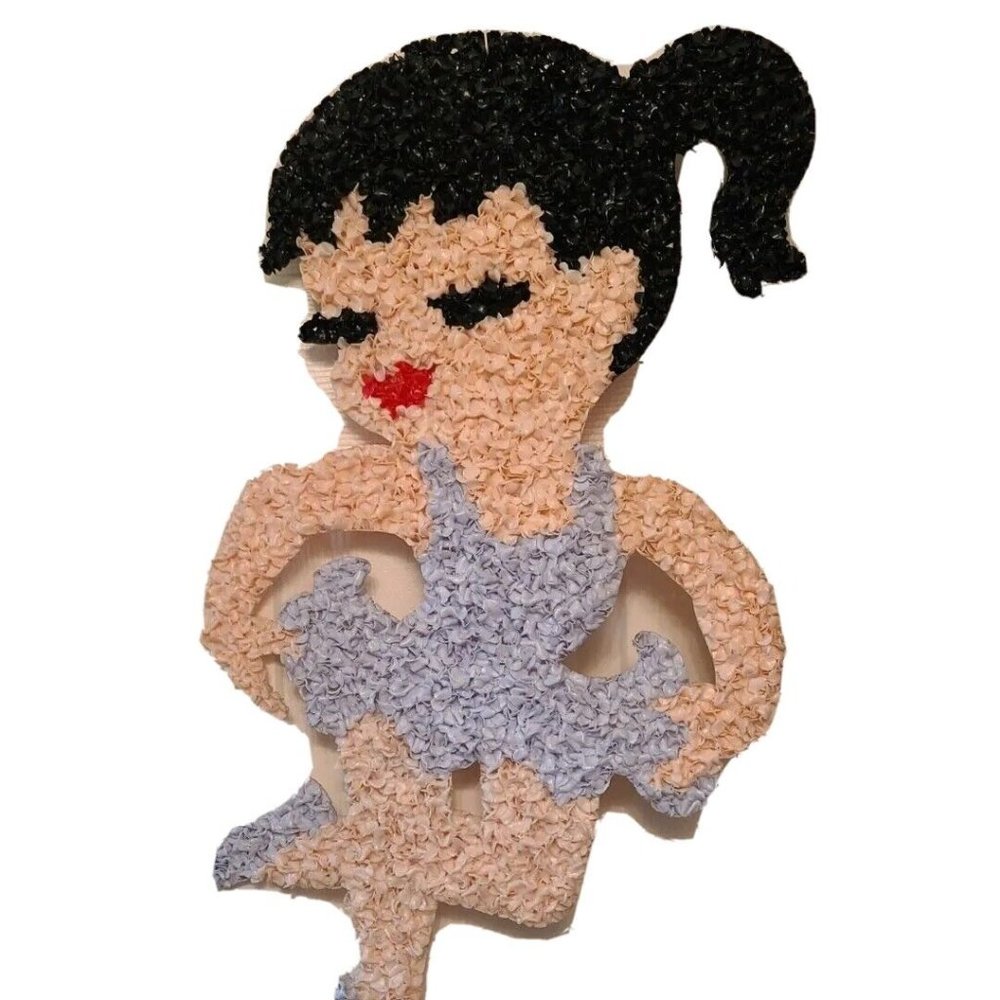 Vintage 1970s Blue Girl Ballerina Melted Plastic Popcorn Art Wall Hanging